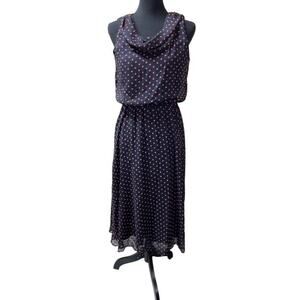 Navy & Orange Polka Dot Cowl Neck Midi Dress Sz 8